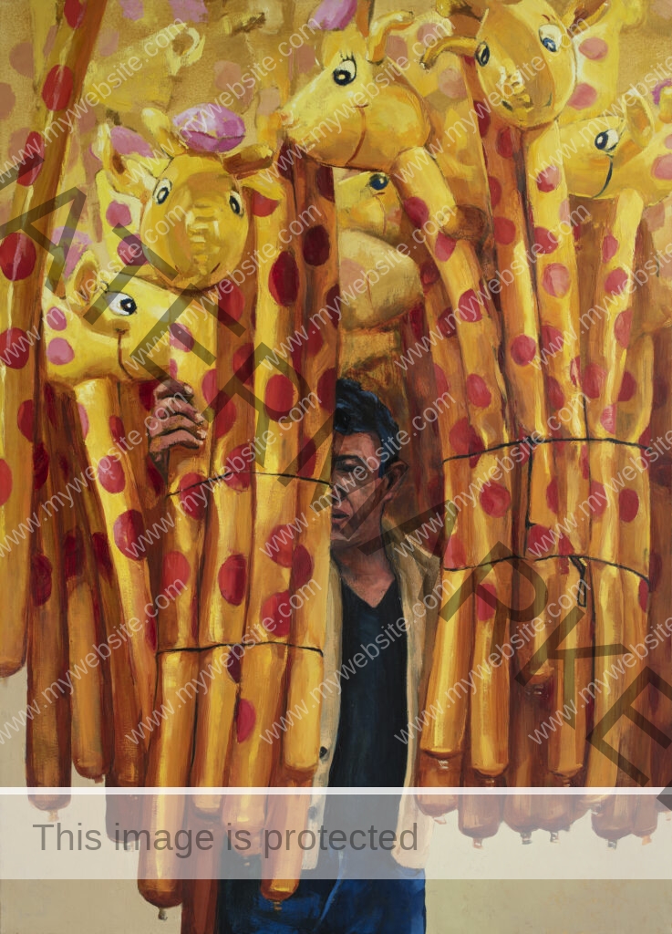 Man holds a large bunch of bright yellow giraffe balloons. Image is advertising the Craig Krull gallery opening.