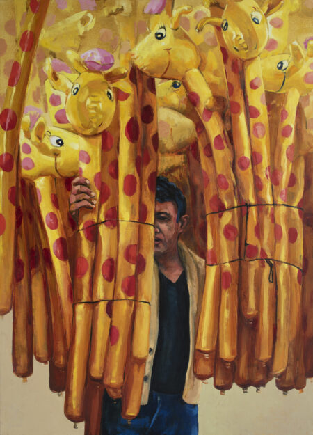 Man holds a large bunch of bright yellow giraffe balloons by Adrián Arguedas in this Costa Rican oil painting. Costa Rican Artists