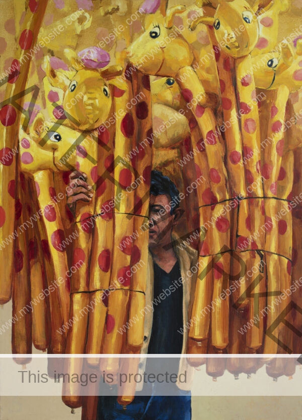 Man holds a large bunch of bright yellow giraffe balloons by Adrián Arguedas in this Costa Rican oil painting. Costa Rican Artists