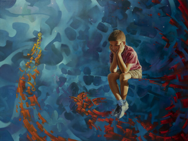 Boy contemplates his future in a surreal existence. Hyper real painting of a boy and surreal swirls of blue green and red around him. hyperreal surrealism painting