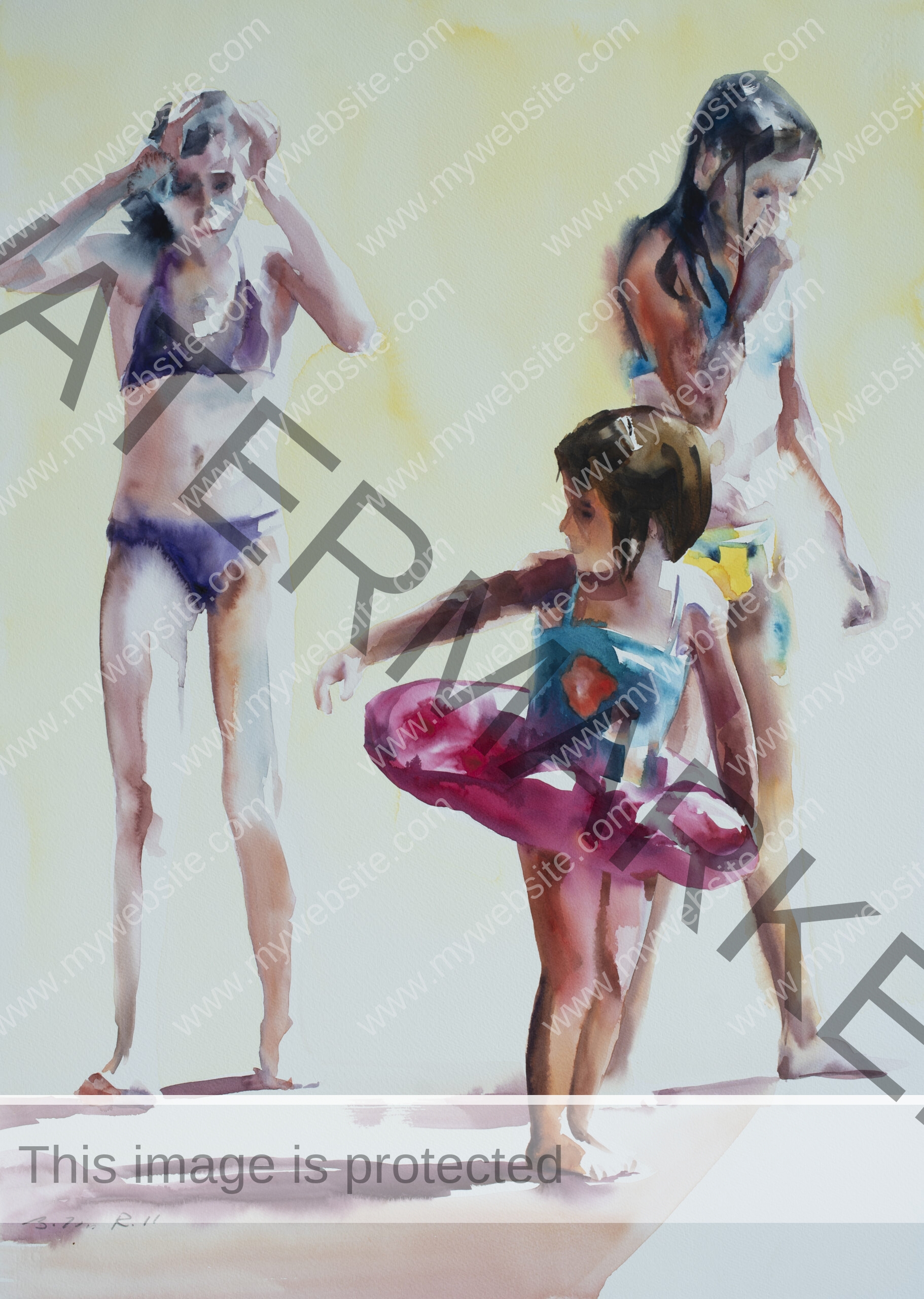 Watercolour painting of three young girls in bathing suits. One has a rubber ring by Adrian Arguedas. Costa Rica Watercolour painting.