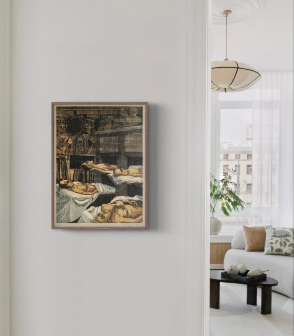 Framed brown, black and white print of bodies lying down, hanging on a wall of a contemporary living room.