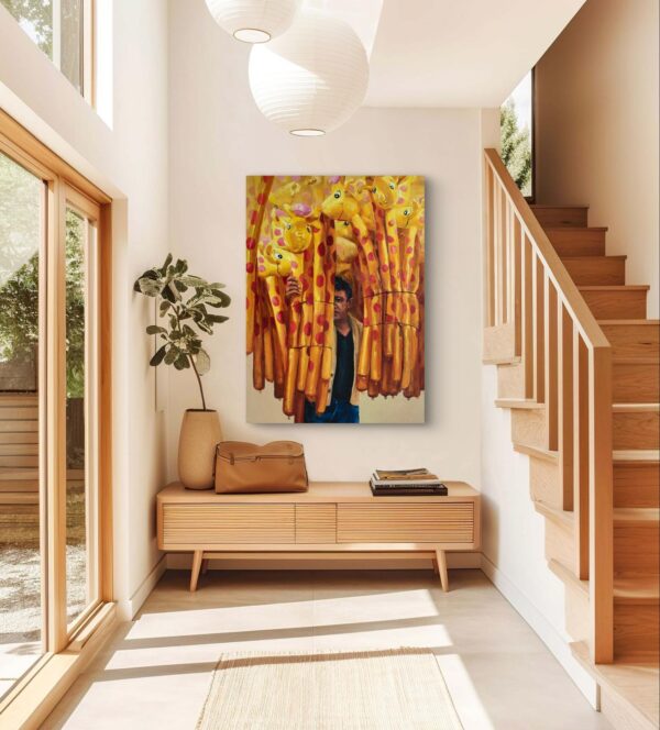 Oil painting of man holding a bunch of giraffe balloons hung in a brightly lit hallway next to a wooden staircase on the right.