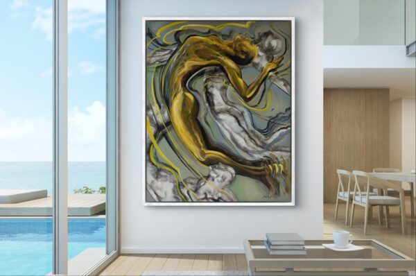 Large figurative painting featuring a figure floating across the canvas with rich orange and brown tones, rendered in oil paint and smoke, and hanging on the wall of a contemporary living space.