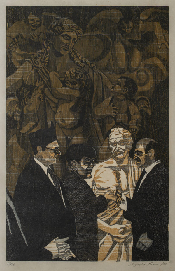 Print of four figures chatting together with ghostly figures behind them by Adrián Arguedas. Visual Artist