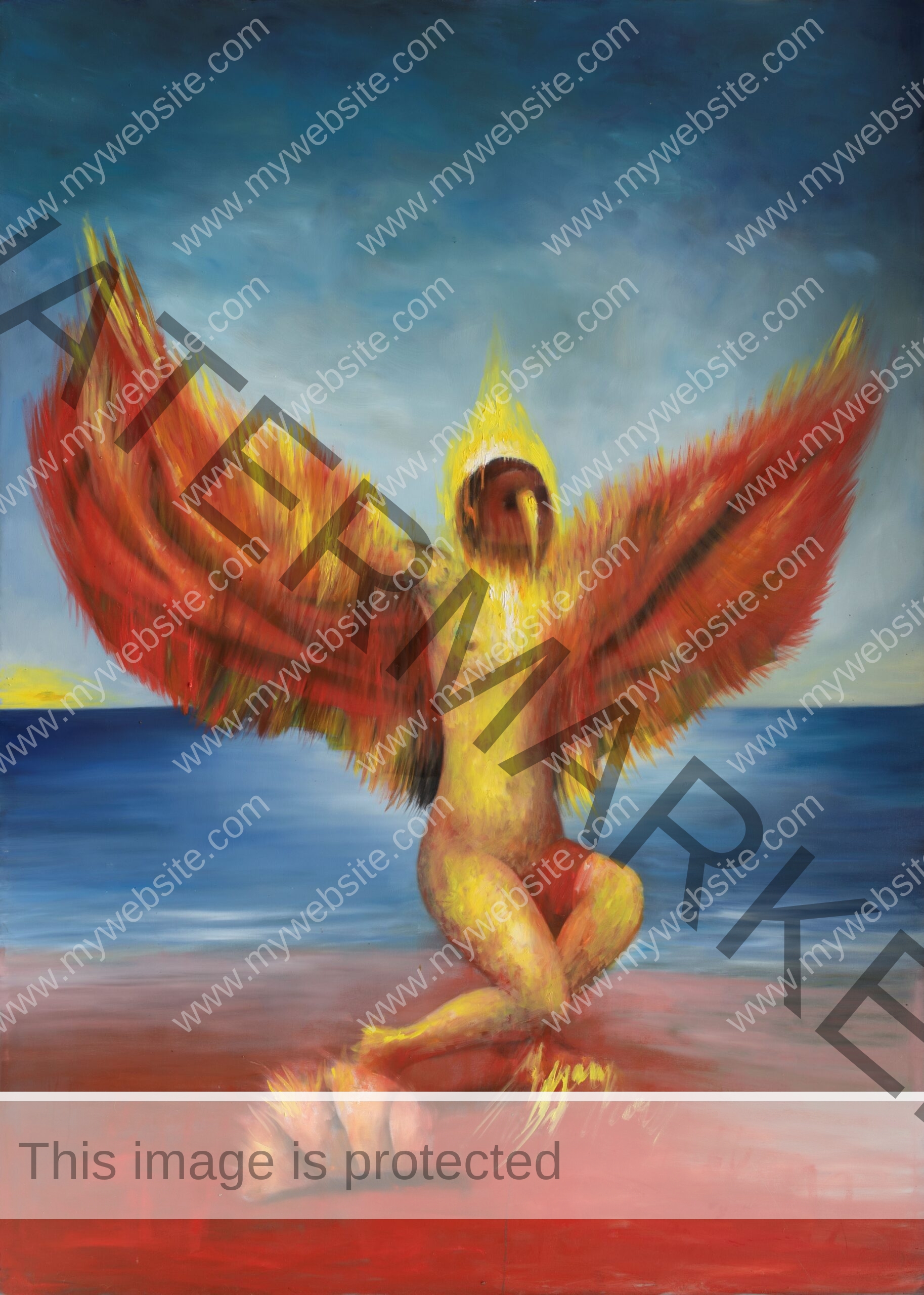 Ave de Fuego painting by Pablo Mejias, featuring a half-man, half-bird set ablaze on a beach. The ocean extends into the background.