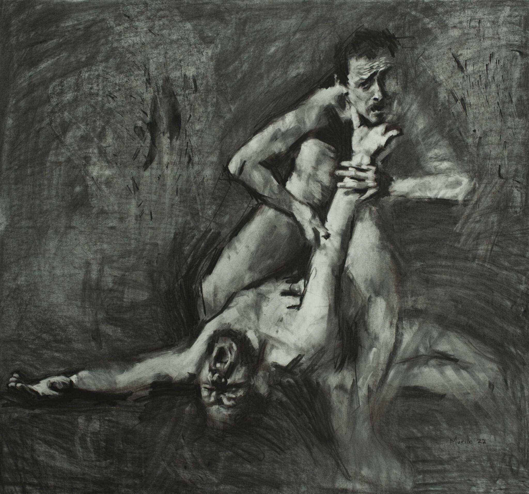 Charcoal drawing from Roberto Murillo's figurative Couplings series, featuring two nude men tussling away. Energetic charcoal drawing.
