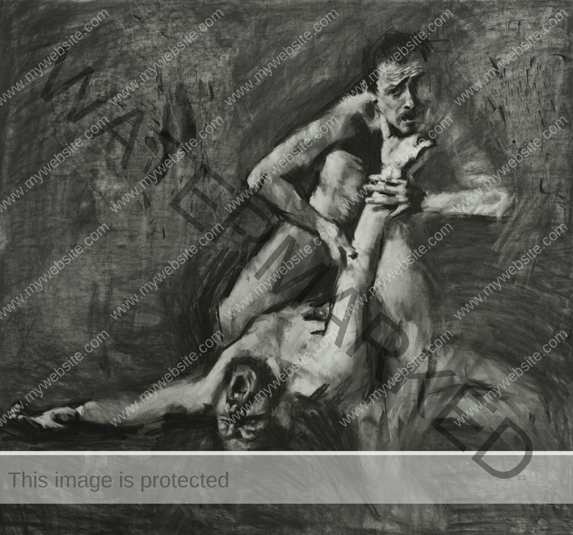 Charcoal drawing from Roberto Murillo's figurative Couplings series, featuring two nude men tussling away. Energetic charcoal drawing.