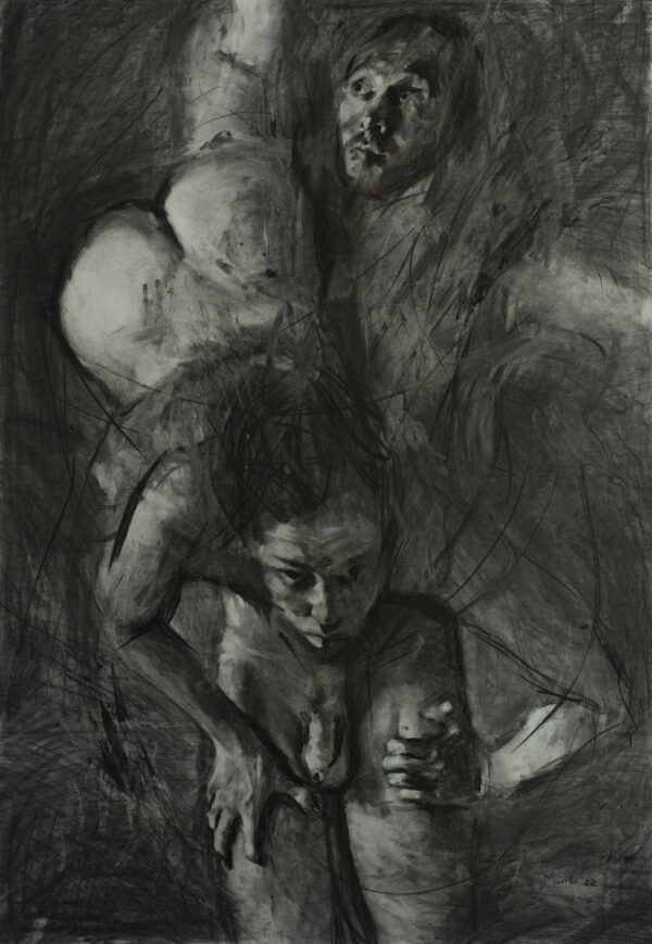Charcoal drawing from Roberto Murillo's figurative Couplings series, featuring a nude couple. A man is carrying a woman. Couplings charcoal on paper