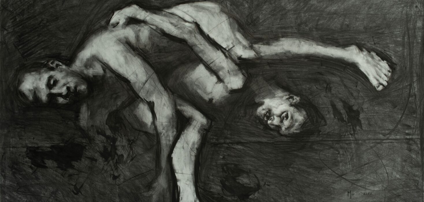 Charcoal work on paper featuring two intertwined nude bodies by Roberto Murillo, showcasing his nude project and upcoming exhibition at the Museo Calderón Guardia in San José, September 2024.