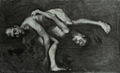 Charcoal work on paper featuring two intertwined nude bodies by Roberto Murillo, showcasing his nude project and upcoming exhibition at the Museo Calderón Guardia in San José, September 2024.