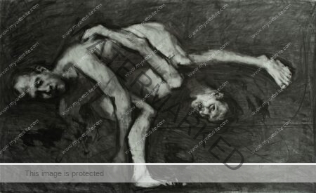 Charcoal drawing from Roberto Murillo's figurative Couplings series, featuring a nude couple. One carrying the other on his back. Couplings X artwork.