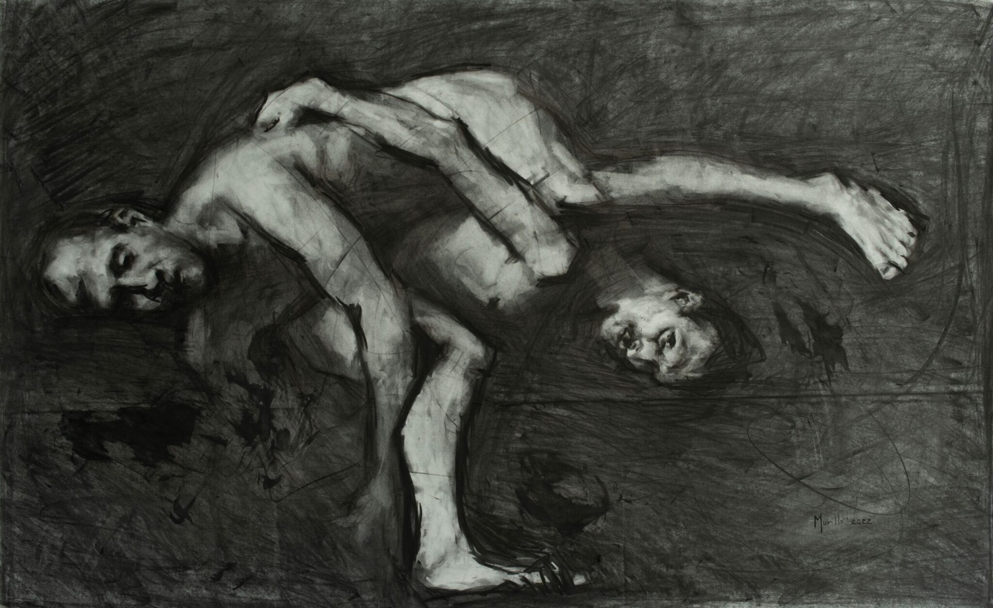 Charcoal drawing from Roberto Murillo's figurative Couplings series, featuring a nude couple. One carrying the other on his back. Couplings X artwork.