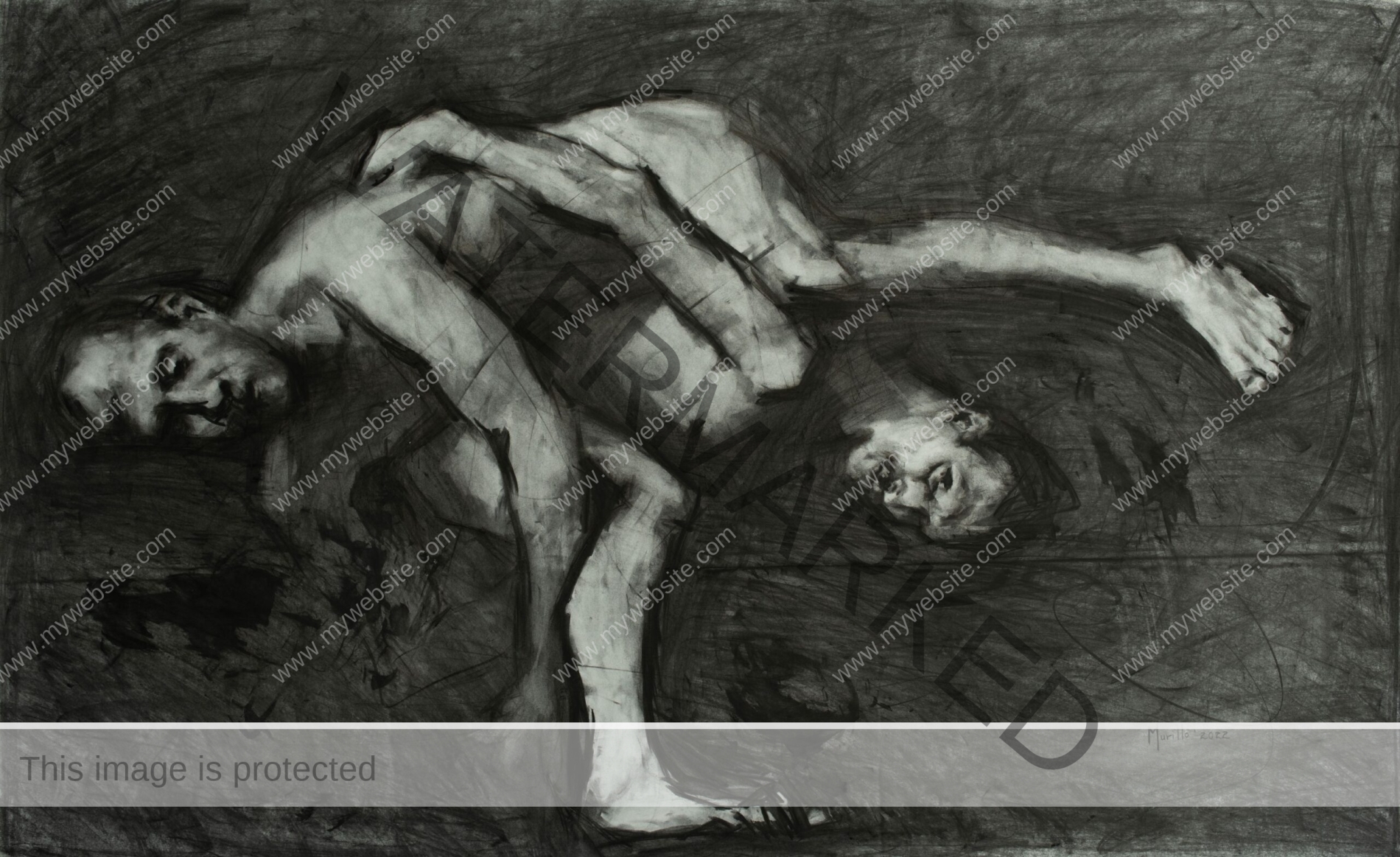 Charcoal drawing from Roberto Murillo's figurative Couplings series, featuring a nude couple. One carrying the other on his back. Couplings X artwork.