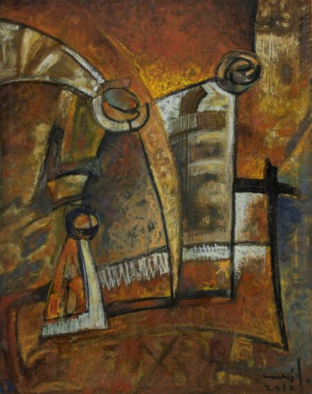 abstract cubist painting by Milo Gonzalez, featuring two clerics in robes presented as two-dimensional forms.