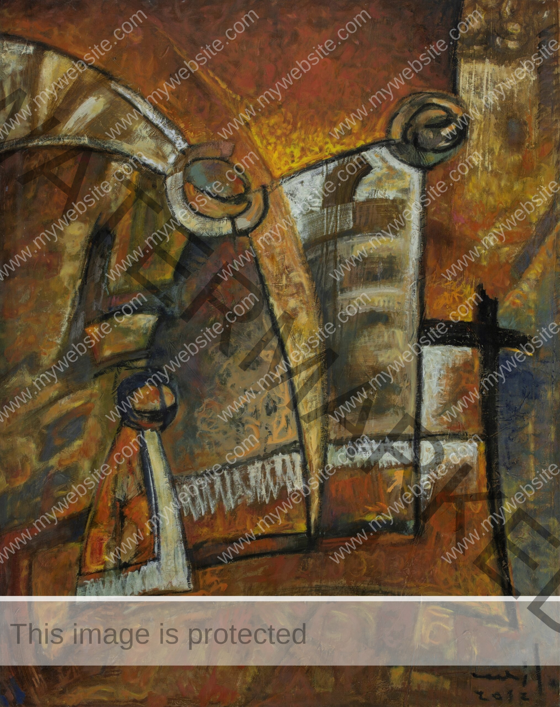 abstract cubist painting by Milo Gonzalez, featuring two clerics in robes presented as two-dimensional forms.