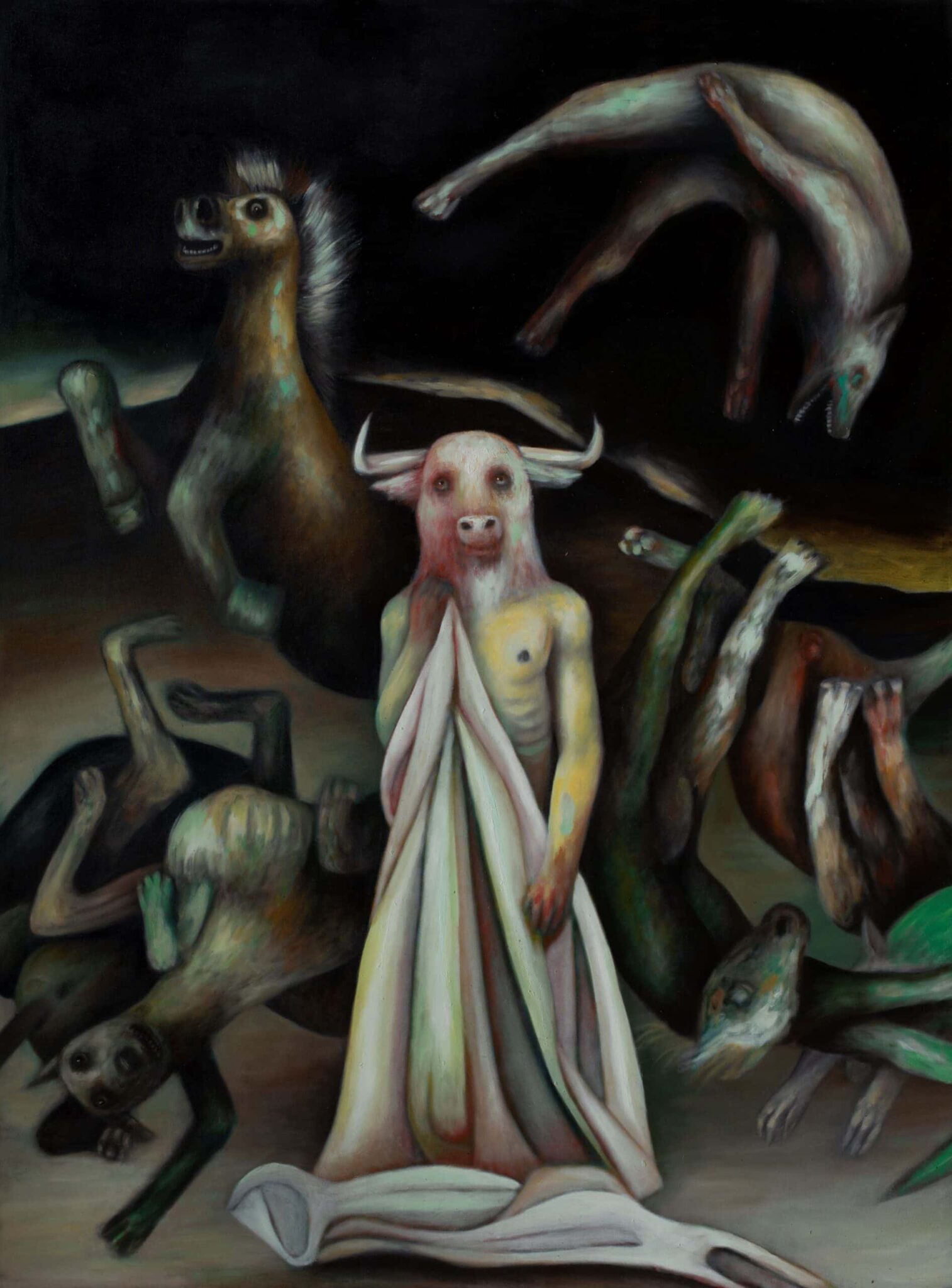 Consagraciónde Minotauro painting by Pablo Mejias, featuring a macabre scene of floating animals, and in the centre a half-man, half-bull stares out, draped in a white cloth.
