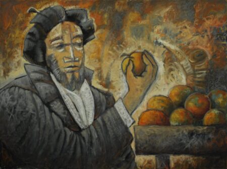 Hernán Cortés painting by Milo Gonzalez, featuring the Spanish historical figure known for his conquest of the Aztec Empire. He is featured having just plucked an apple from a bowl of apples, symbolising his greed.