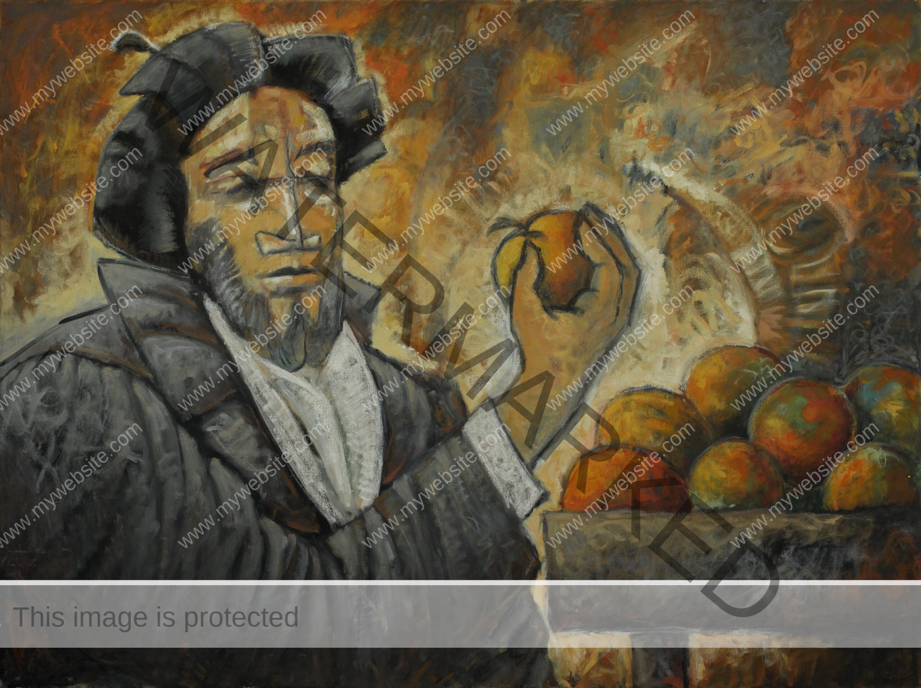 Hernán Cortés painting by Milo Gonzalez, featuring the Spanish historical figure known for his conquest of the Aztec Empire. He is featured having just plucked an apple from a bowl of apples, symbolising his greed.