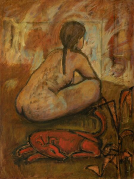 domestic nude painting by Milo Gonzalez featuring a nude young woman sitting cross-legged with her back to us. A small dog sits beside her.