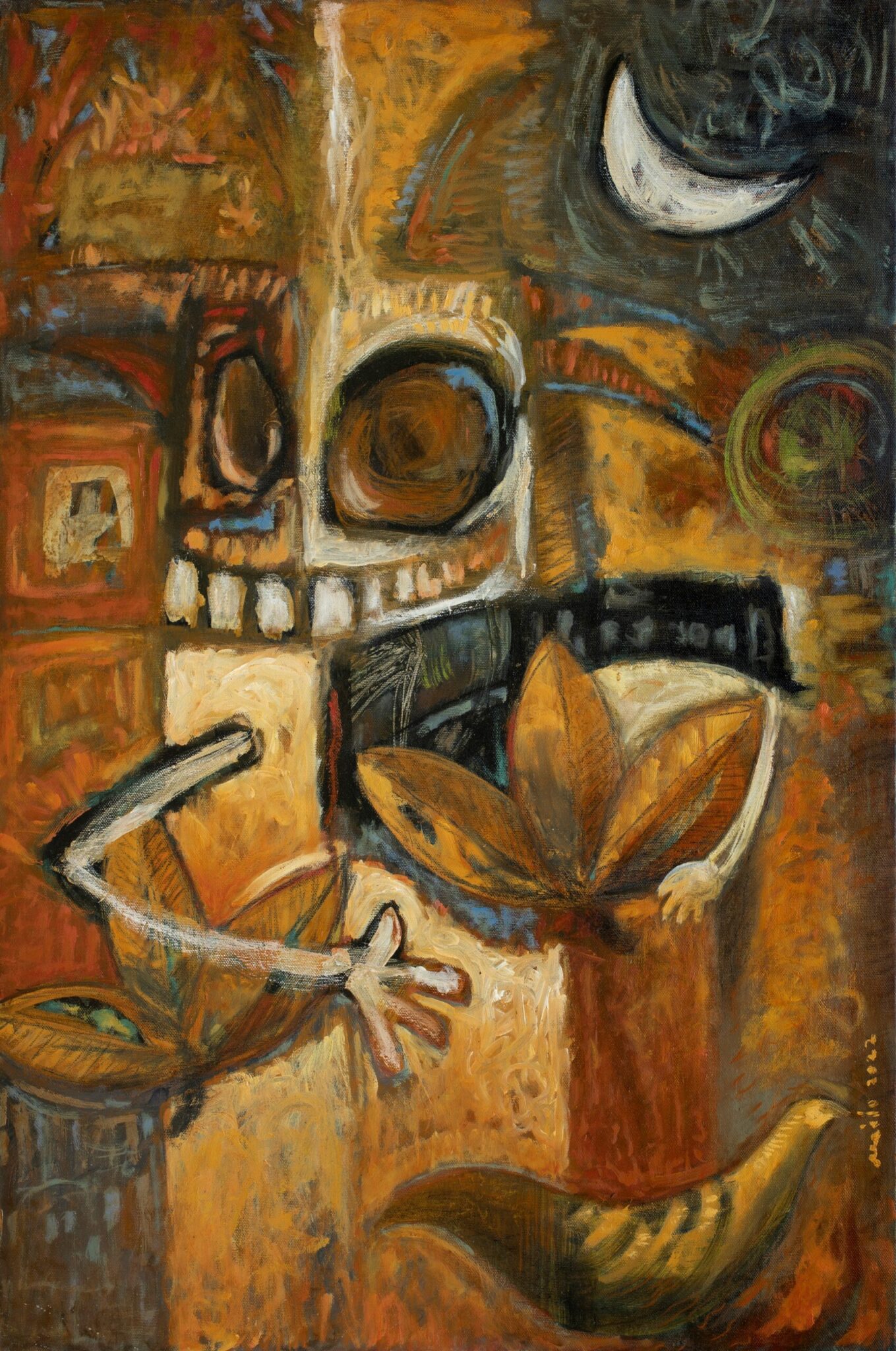 abstract goblin painting by Milo Gonzalez, featuring a goblin character set against the night, with a crescent moon hanging overhead.