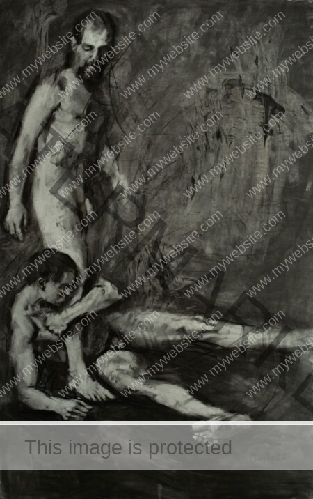 Charcoal drawing from Roberto Murillo's el infierno son los otros series, featuring two nude men. One tightly bound to the others leg.