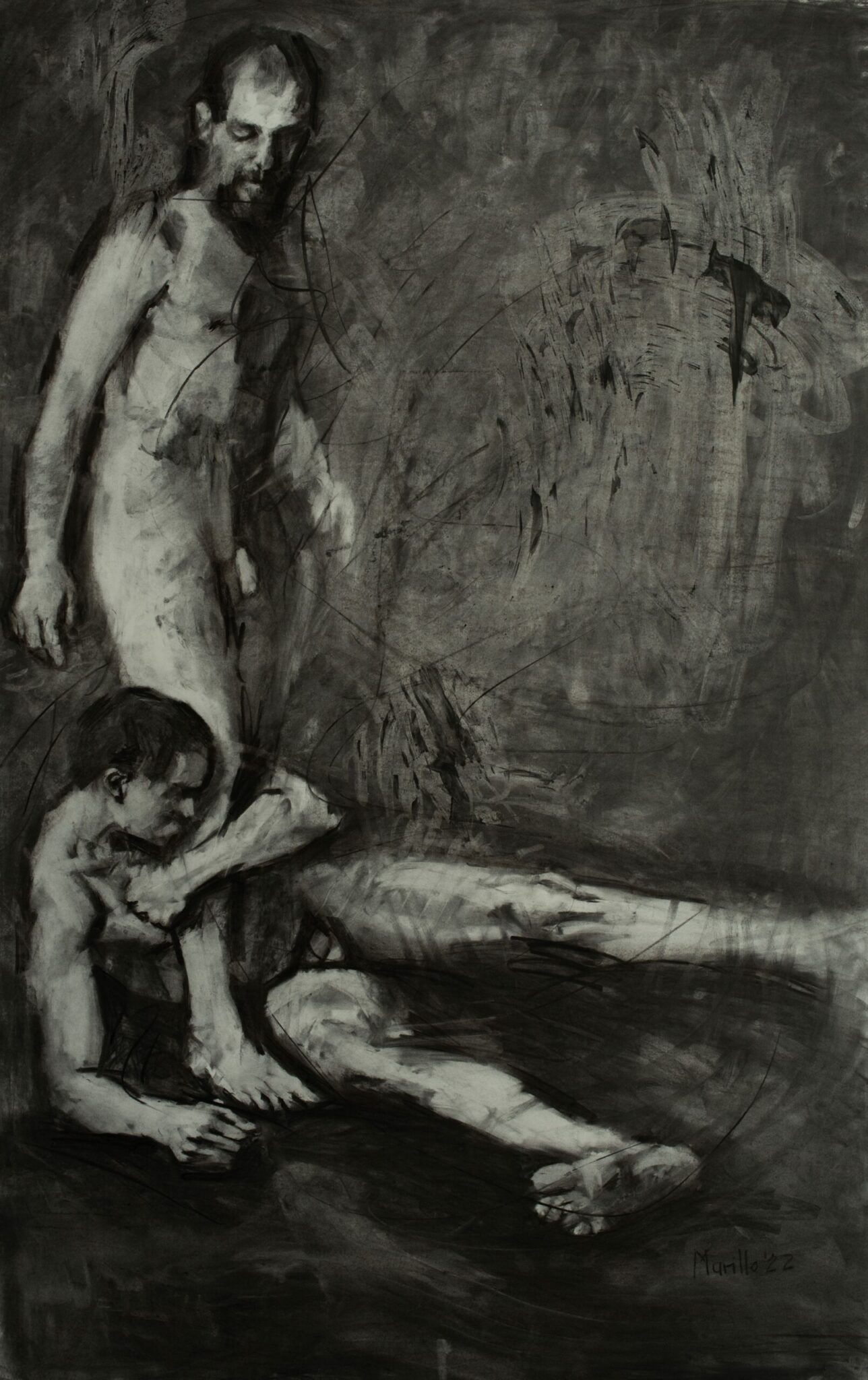 Charcoal drawing from Roberto Murillo's el infierno son los otros series, featuring two nude men. One tightly bound to the others leg.
