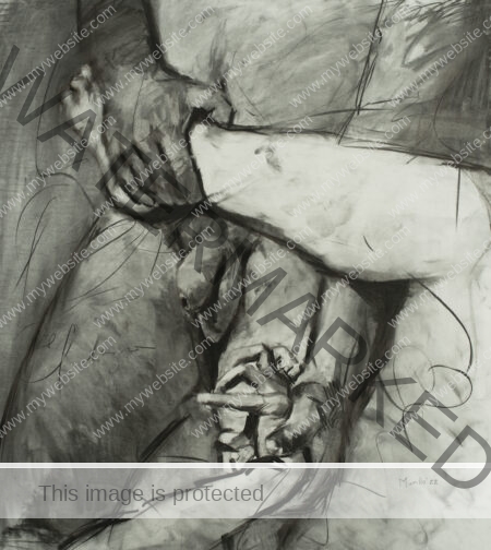 Charcoal drawing from Roberto Murillo's figurative Couplings series, featuring a nude couple twisted together. Entangled nude charcoal