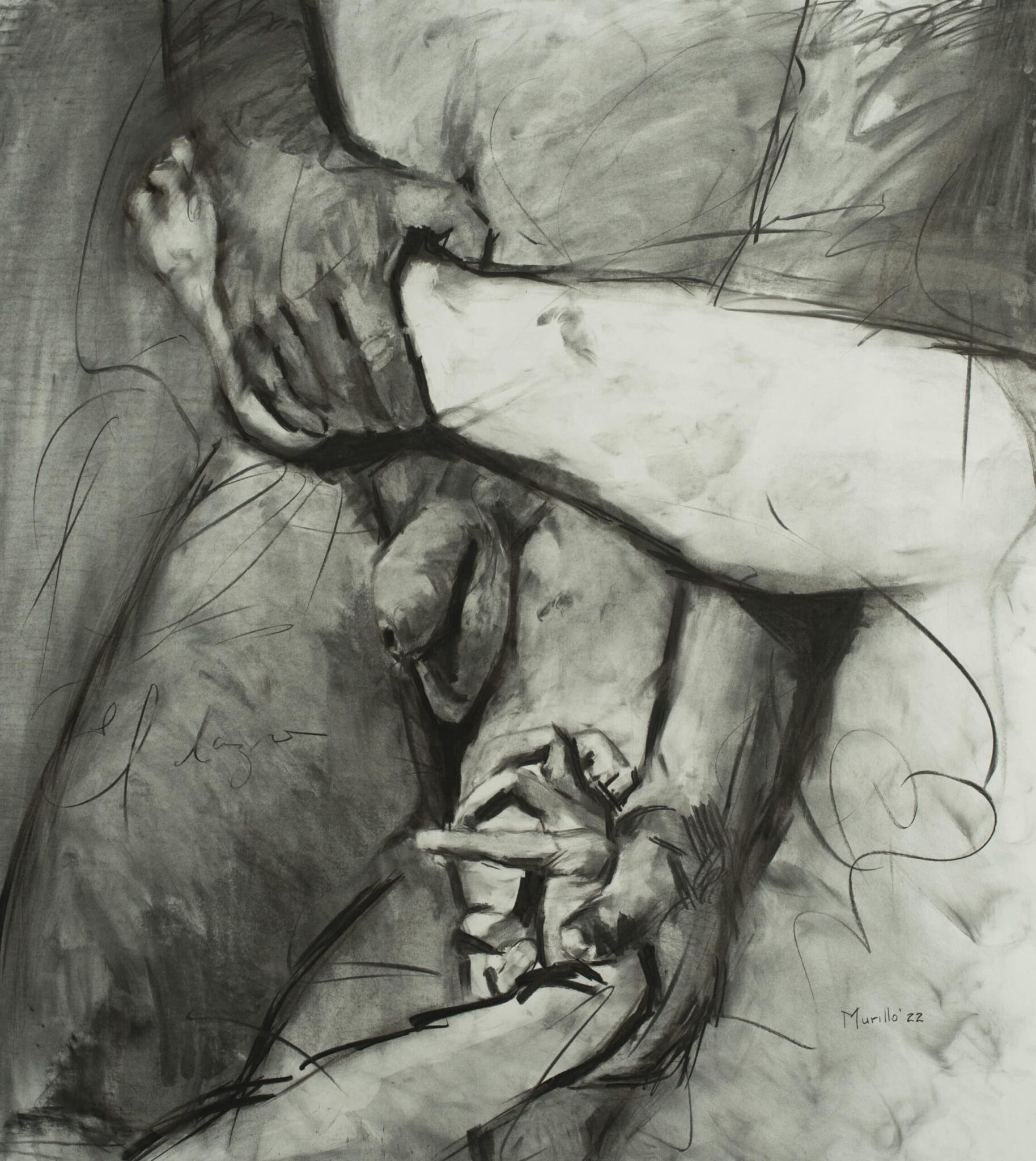 Charcoal drawing from Roberto Murillo's figurative Couplings series, featuring a nude couple twisted together. Entangled nude charcoal