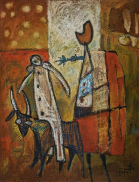 abstract figurative painting called "El Aprendiz" by Milo Gonzalez. It features two figures, one a child, that have been reduced to geometric forms and abstracted shapes.