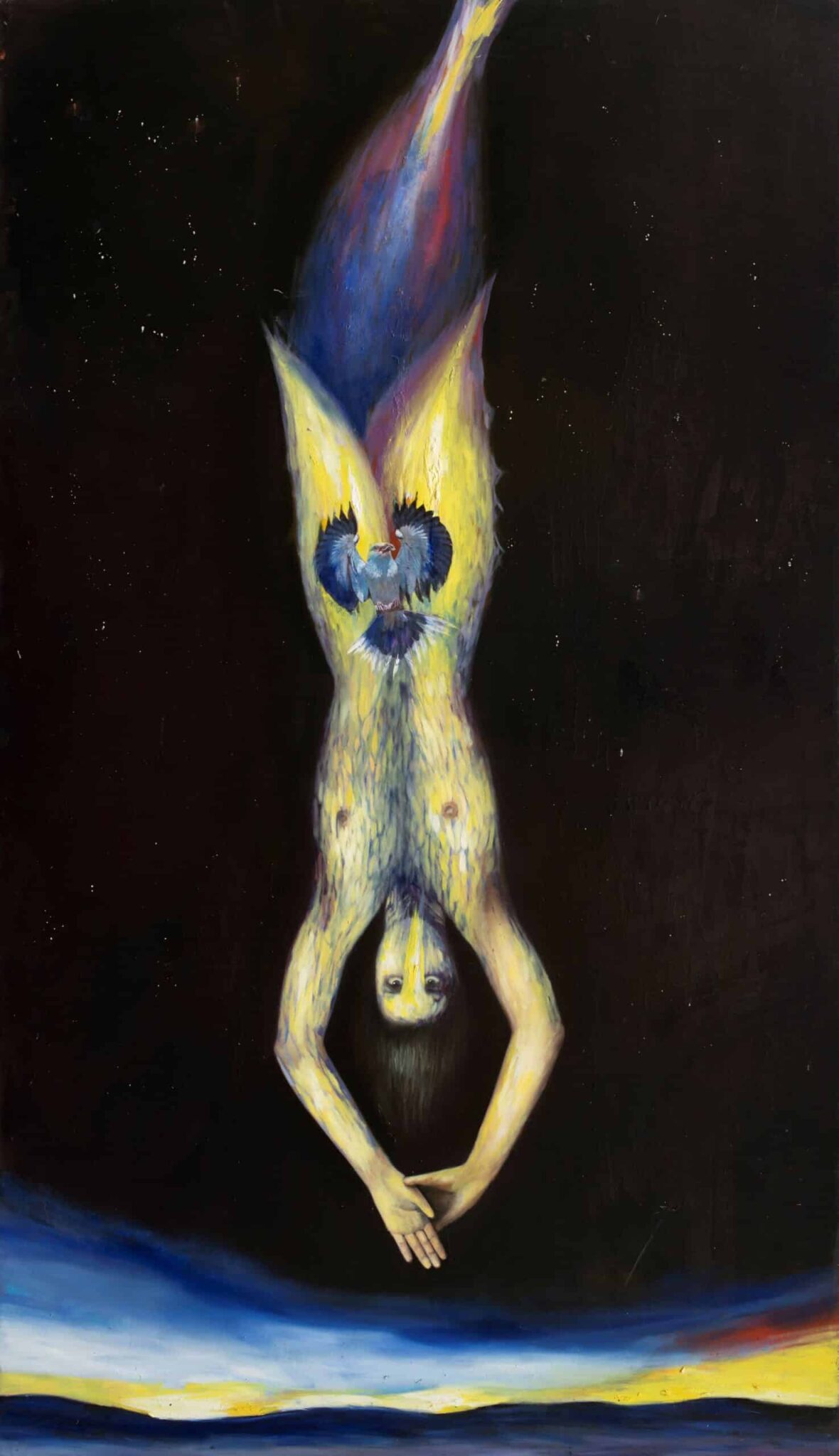 Lichtenberg complex painting by Pablo Mejias, featuring a falling, electrified man resembling the fern-like patterns known as Lichtenberg figures, which transiently mark the skin of lightning strike victims before.