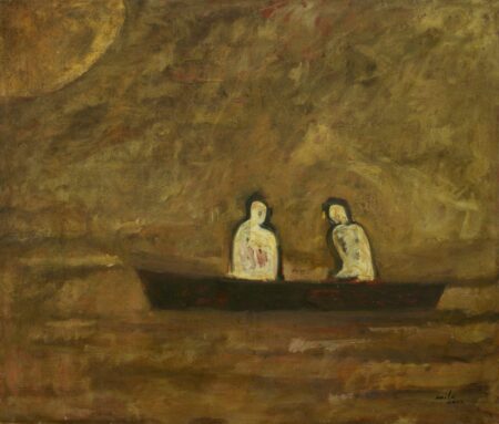 muted abstract painting called "El Silencio" by Milo Gonzalez, featuring two figures in a solitary small boat amidst an abstract background of yellow/brown tones.