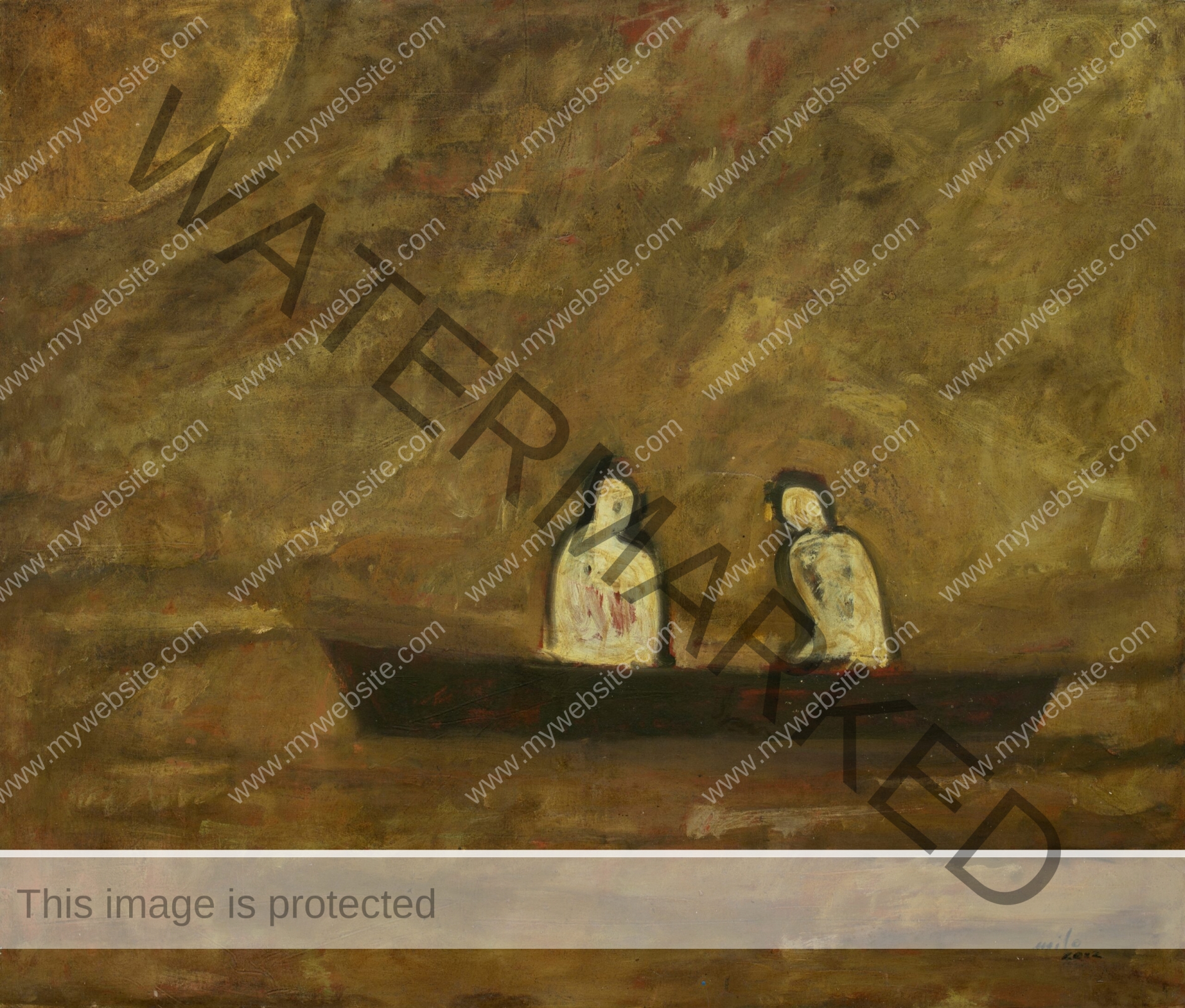 muted abstract painting called "El Silencio" by Milo Gonzalez, featuring two figures in a solitary small boat amidst an abstract background of yellow/brown tones.