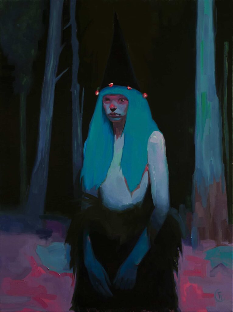Colourful painting of an elvish woman standing in the forest, by Emilia Cantor. The woman is blue and the background is dark black with a pink forest floor. It's mysterious and magical, evoking feelings of the otherworldly. painting of an elf woman