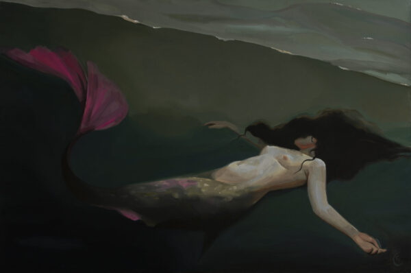 Dark oil painting by Emilia Cantor of a mermaid lying on the sand next to the ocean water. The only pop of colour is the purple of her tail. It evokes feelings of calmness but also unease as you don't know if she is sleeping or in trouble.