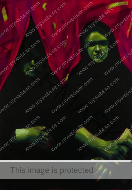 Dark oil painting by Emilia Cantor of two robed figures staring out of the canvas, set against a bright red background. It evokes uneasy feelings and a great sense of mystery. gothic two witches painting