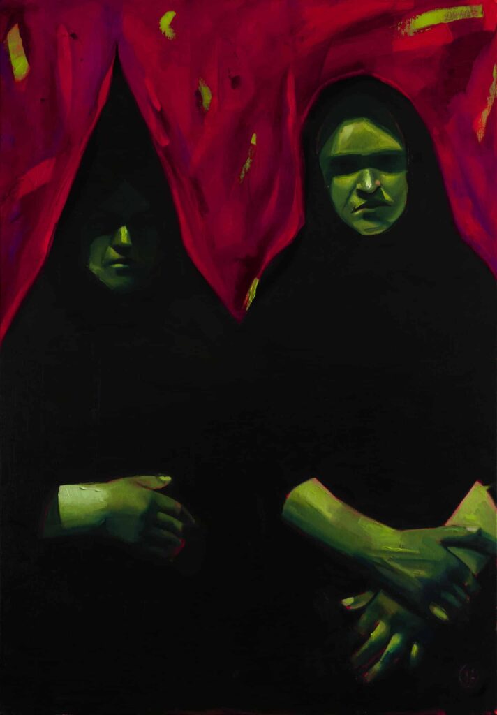 Dark oil painting by Emilia Cantor of two robed figures staring out of the canvas, set against a bright red background. It evokes uneasy feelings and a great sense of mystery. gothic two witches painting