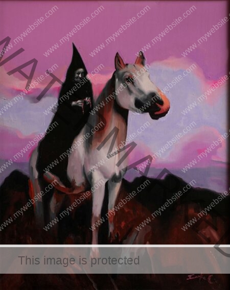 Bright purple and pink oil painting of a black-robed witch riding a horse, by Emilia Cantor. It's a charming painting but it also evokes feelings of unease and mystery. witch riding a horse painting