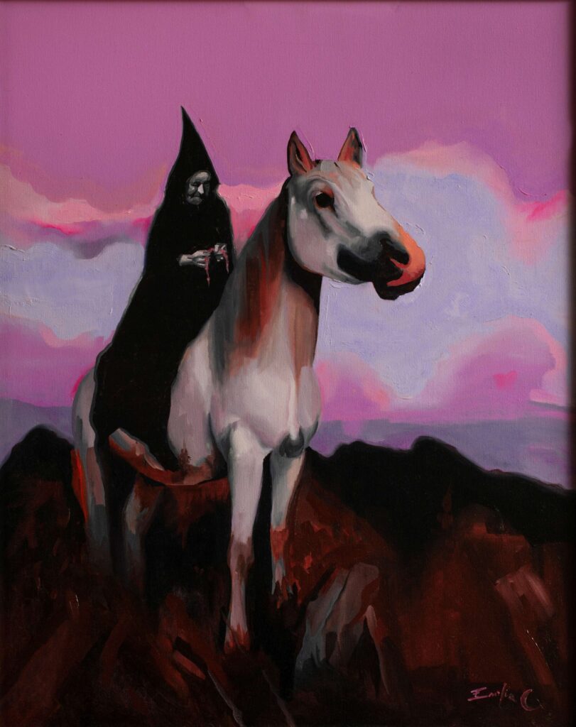 Bright purple and pink oil painting of a black-robed witch and horse painting, by Emilia Cantor. It's a charming painting but it also evokes feelings of unease and mystery. witch riding a horse painting