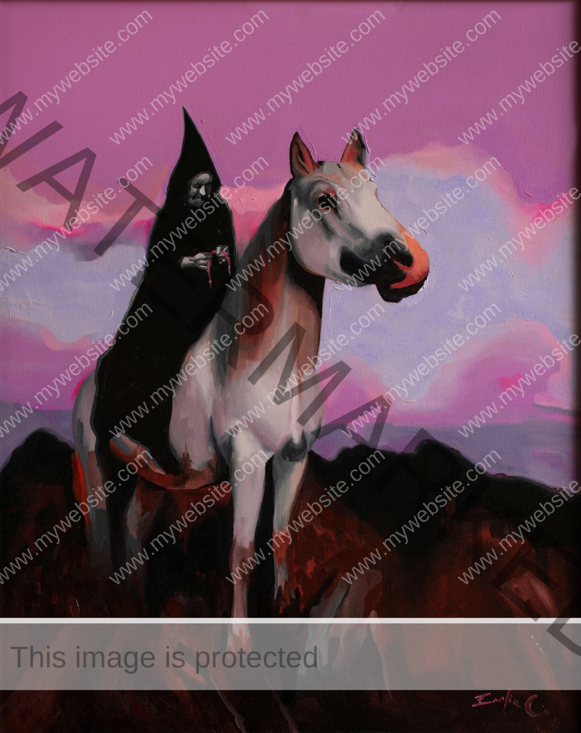 Bright purple and pink oil painting of a black-robed witch riding a horse, by Emilia Cantor. It's a charming painting but it also evokes feelings of unease and mystery. witch riding a horse painting
