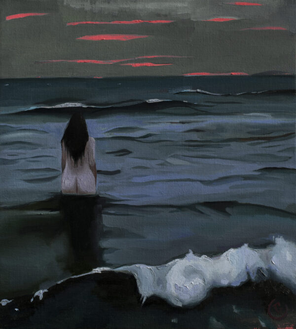 Oil painting by Emilia Cantor of a dark ocean and grey sky with eerie red stripes across it. A woman stands naked looking out at the horizon, the water cuts her off just beneath her bottom. It evokes feelings of unease and melancholia.