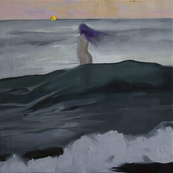 Oil painting by Emilia Cantor of a grey ocean, with a woman standing naked standing in the water, looking out to the horizon where the sun is setting. It evokes feelings of melancholia and unease. melancholia oil painting