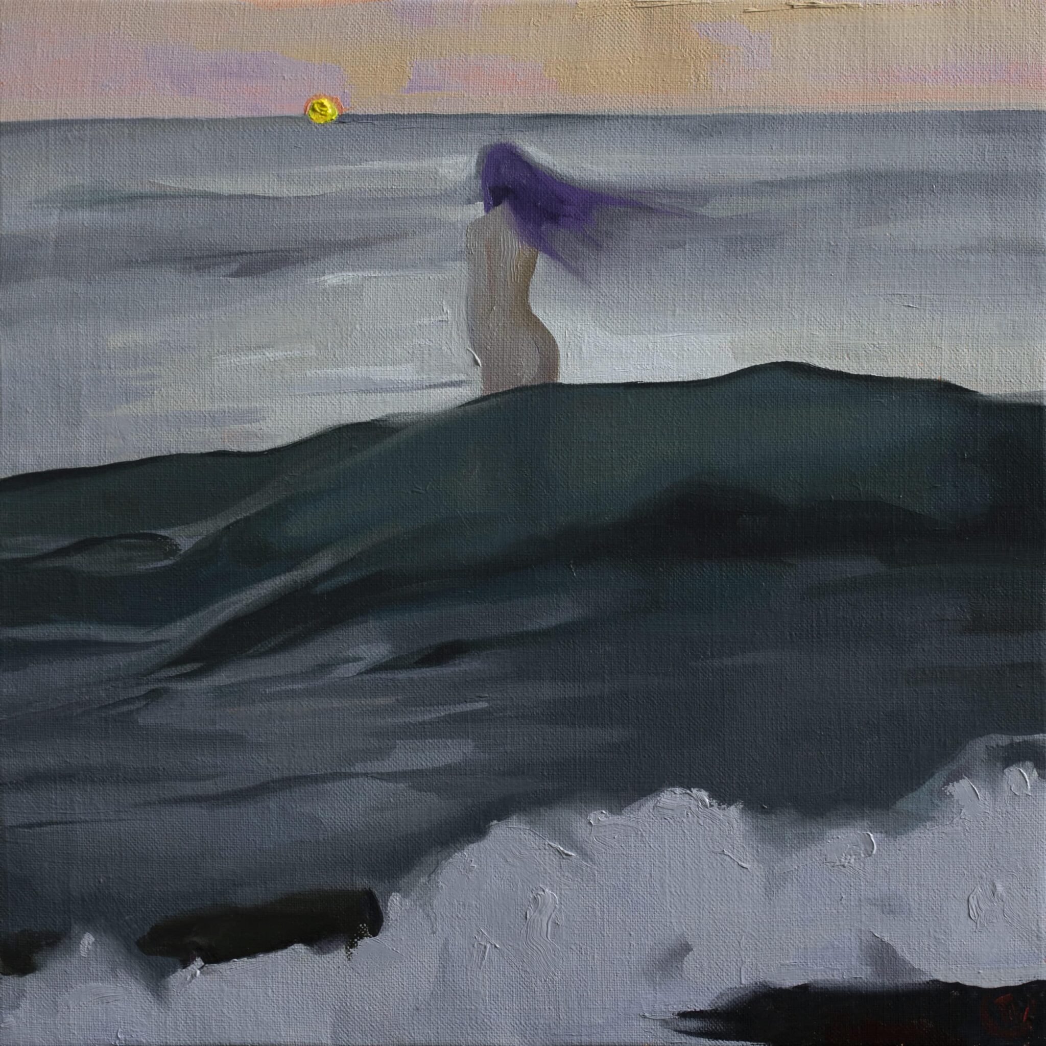 Oil painting by Emilia Cantor of a grey ocean, with a woman standing naked standing in the water, looking out to the horizon where the sun is setting. It evokes feelings of melancholia and unease. melancholia oil painting