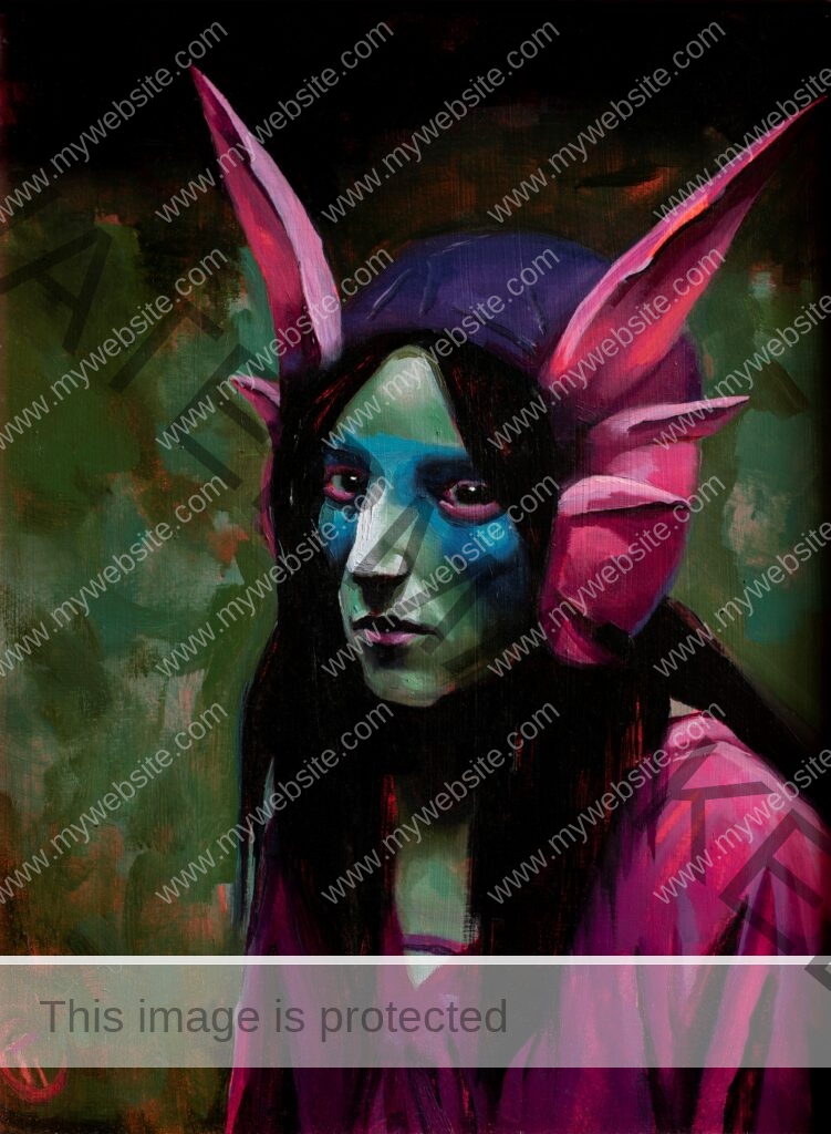 Oil painting of an elvish woman by Emilia Cantor. She has large purple ears and looks at the camera calmly. The painting evokes feelings of mystery and the otherworldly.