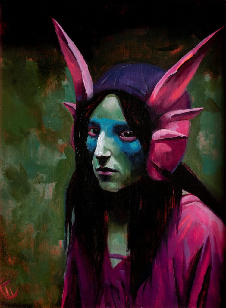 Oil painting of an elvish woman by Emilia Cantor. She has large purple ears and looks at the camera calmly. The painting evokes feelings of mystery and the otherworldly.