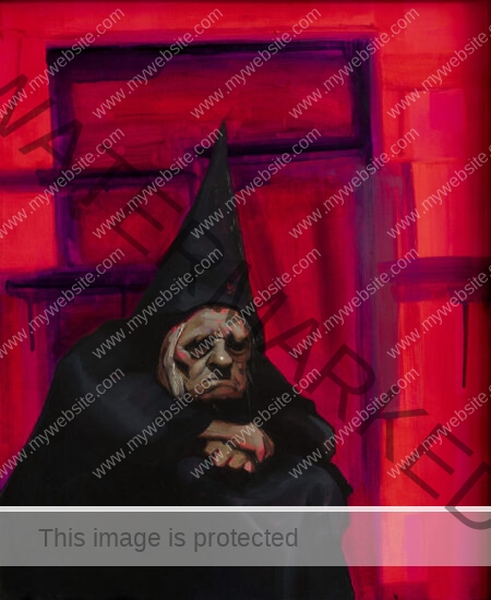 Oil painting by Emilia Cantor featuring a almost neon red background with an old man in a black cloak holding a stick. The bright red evokes feelings of unease and restlessness. Gothic old man painting