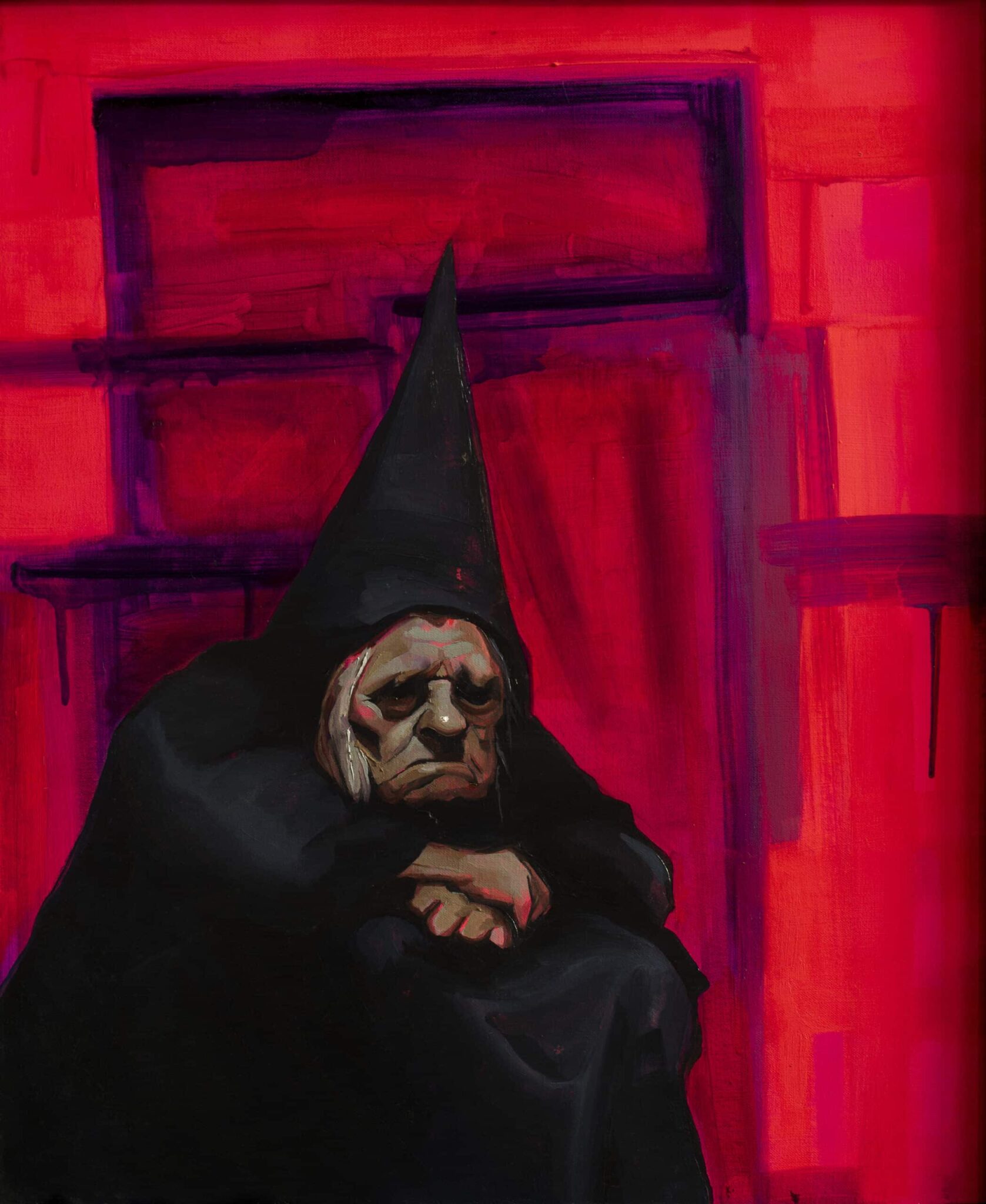 Oil painting by Emilia Cantor featuring a almost neon red background with an old man in a black cloak holding a stick. The bright red evokes feelings of unease and restlessness. Gothic old man painting