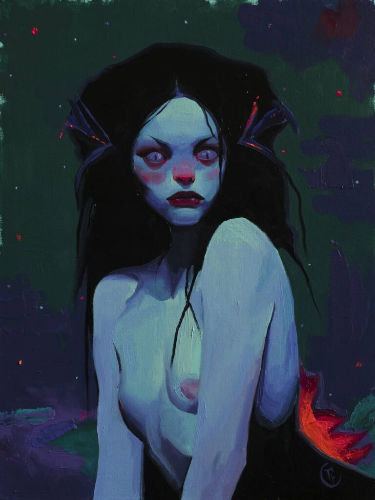 Nude torso of a nymph-like woman with elvish ears, by Emilia Cantor. The woman is looking right out of the canvas, evoking feelings of defiance and courage.
