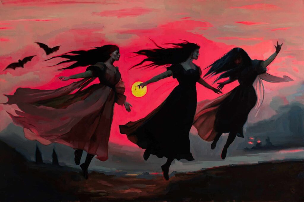 Oil painting by Emilia Cantor of three witches flying in the sky above a hilly landscape that stretches underneath. Two bats fly with them in the sky, evoking feelings of strength and resilience. three witches painting