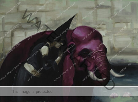 Surreal oil painting by Emilia Cantor with a witch wearing a pointy witches hat, whispering to a purple elephant. The painting is charming and mystery. Witch and elephant painting